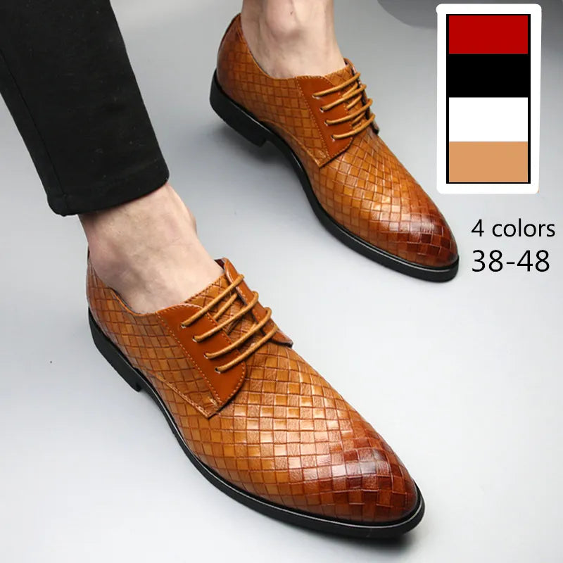 Trending Fashion Men Shoes Plaid Business Casual Leather Dress Shoes for Men Point Toe Lace Up Elegant Oxfords Formal Style