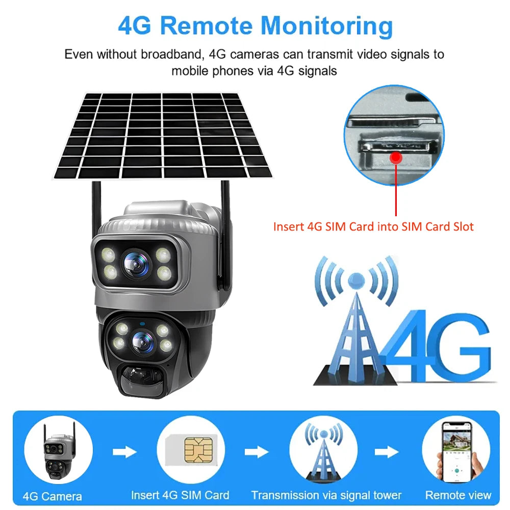 V380 Dual Lens 4G Camera Solar PIR Human Detection Night Vision Waterproof Security Video IP Camara 8MP 4K Battery CCTV Monitor