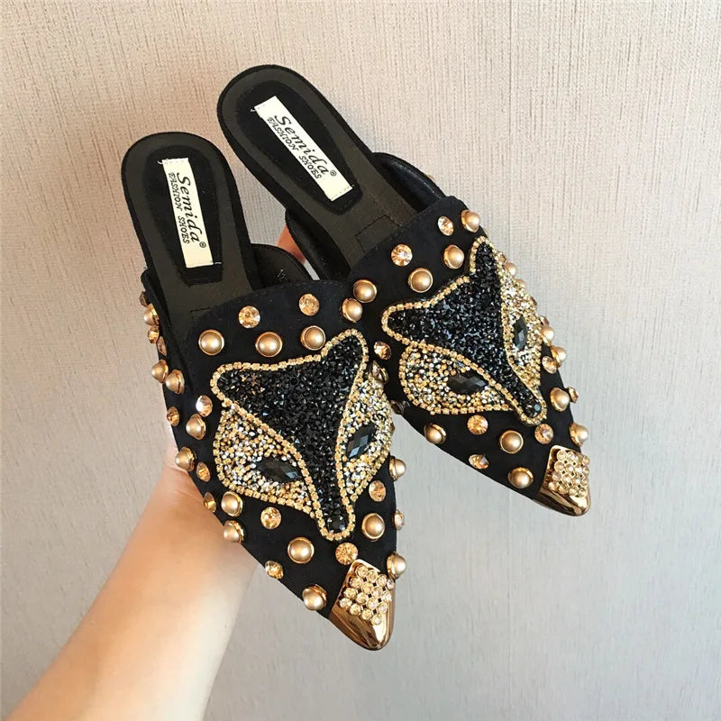 2024 New Shoes for Women Luxury Slipper Girl Outdoor Rhinestone Fox Casual Flat Sandals Girl Heels Pointed Toe Slides