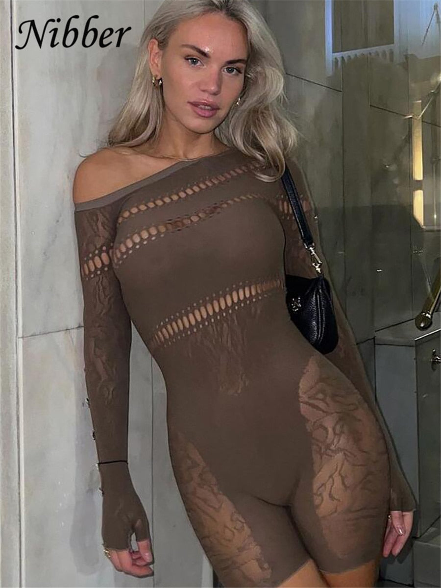 Women Sexy Inclined Shoulder Long Sleeve Patchwork Skinny Rompers Club