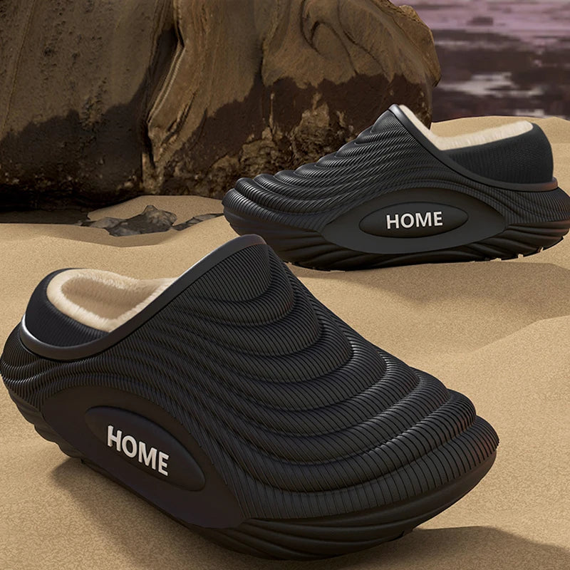 Casual Men‘s Warm Plush EVA Slippers Winter Platform Waterproof Indoor outdoor Shoes Woman Non Slip Furry Home Slippers