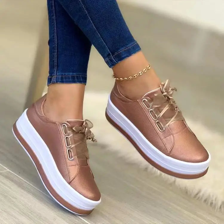 Platform Flat Shoes Women Fashion 2024  with Thick Bottom Fashion Woman Gauze Lace-up Sneakers Running Shoes Tennis Female Shoes