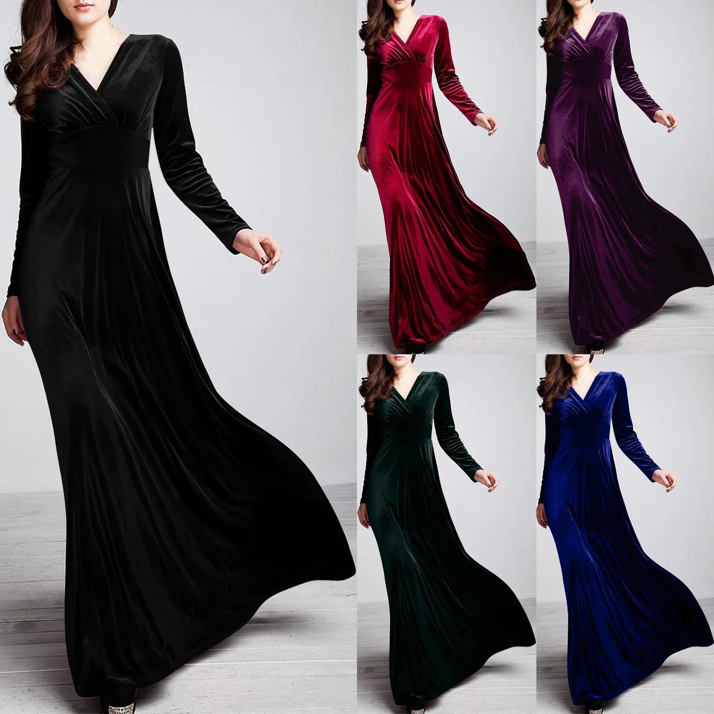 Women'S dress Autumn And Winter Velvet V-Neck Solid Color Long-Sleeved Party Dress Elegant Evening Party Gown Outfits Red Velvet