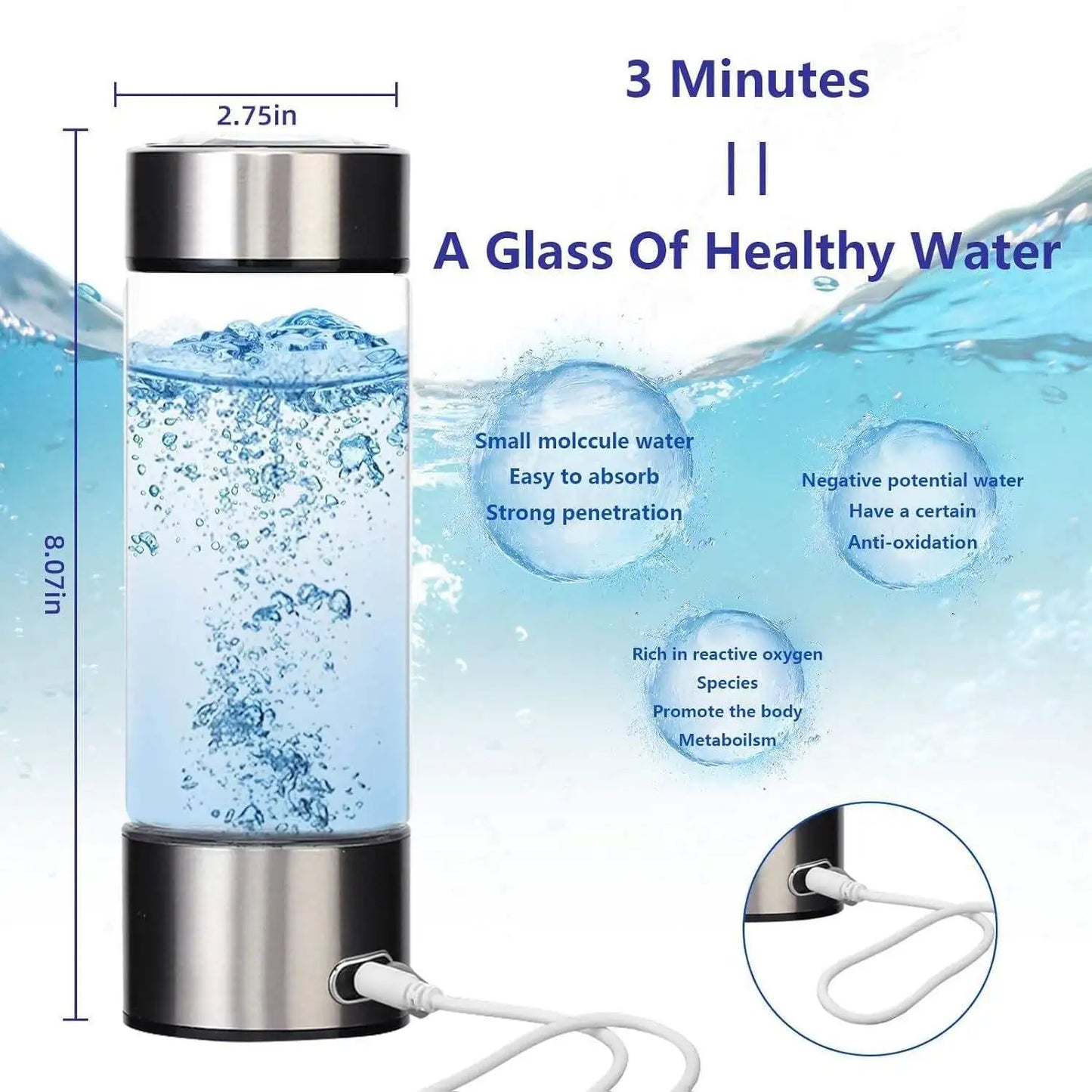 Hydrogen Water Generator Bottle 400ml Rechargeable Electrolysis Hydrogen-Rich Glass Cup Portable Health Antioxidant Drink Bottle