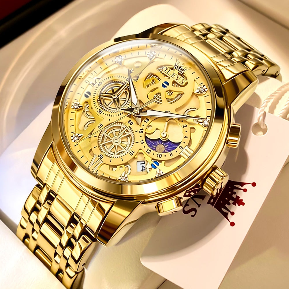 Top Brand Luxury Original Waterproof Quartz Watch for Man Gold Skeleton Style