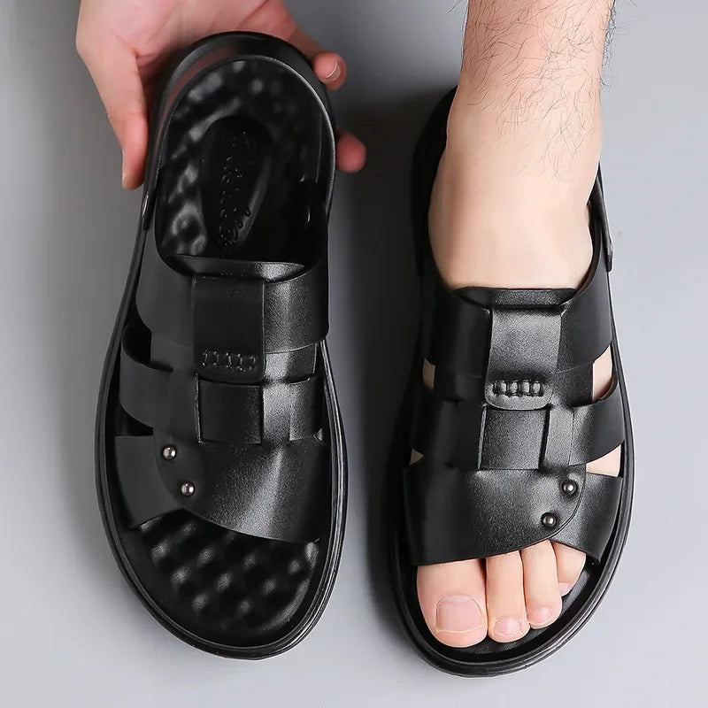 Trendy Men's Leather Sandals Soft Bottom Beach Shoes Large Size Cross-Border TEMU New Style Comfortable Breathable Footwear