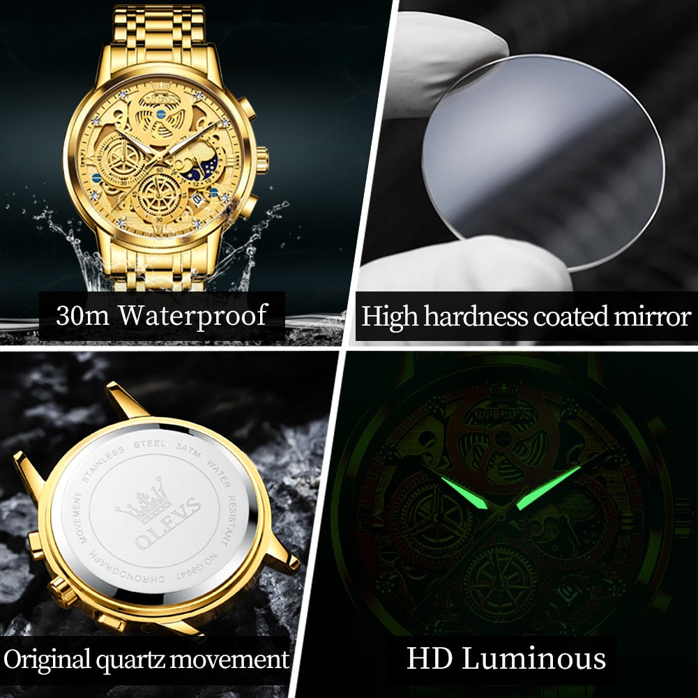 Top Brand Luxury Original Waterproof Quartz Watch for Man Gold Skeleton Style