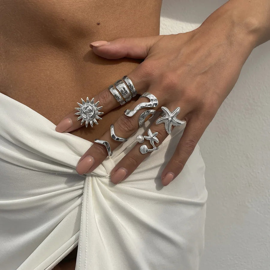 6Pcs/Set Vintage Sun Starfish Open Rings for Women Men Punk Irregular Pleated Pearl Ring Summer Holiday Personalized Jewelry