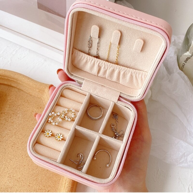 Double Storage Box Ring Earrings Organization Small Fine Grid Pattern Palm Zipper Bag Large Flap Leather Double Box