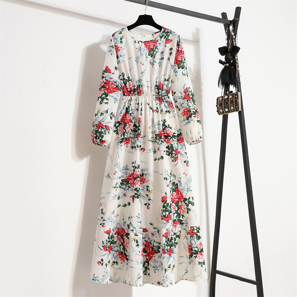 Spring Summer Women Maxi Dresses Casual Full Sleeve Floral Printed O-neck