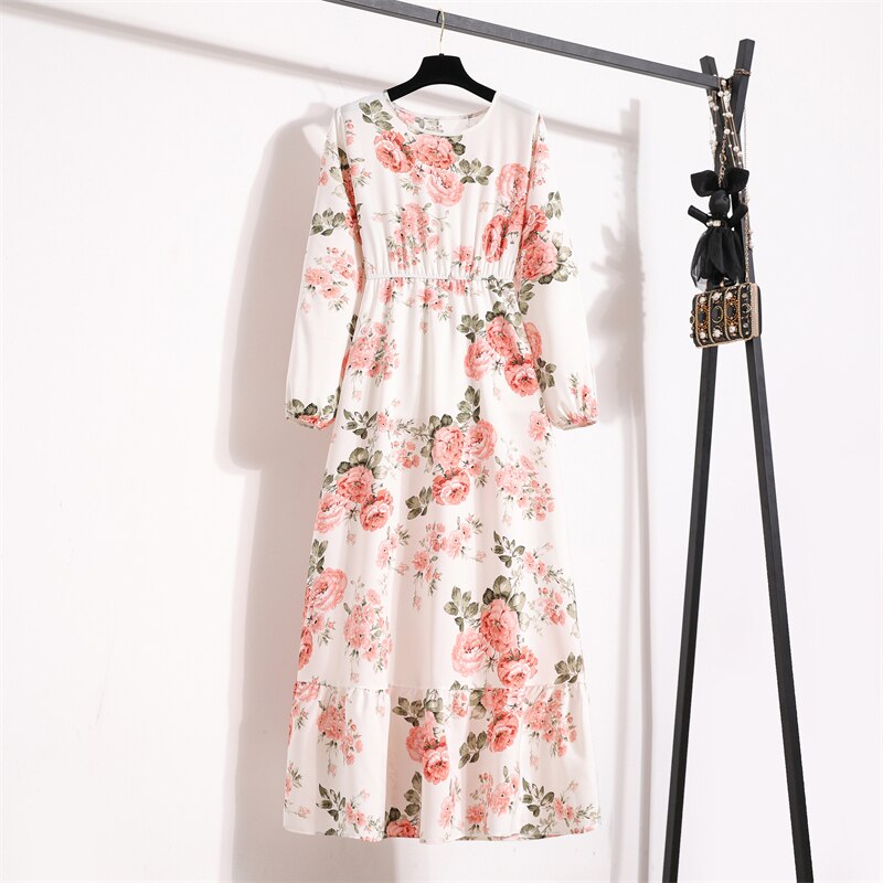 Spring Summer Women Maxi Dresses Casual Full Sleeve Floral Printed O-neck