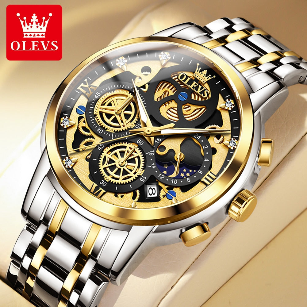 Top Brand Luxury Original Waterproof Quartz Watch for Man Gold Skeleton Style