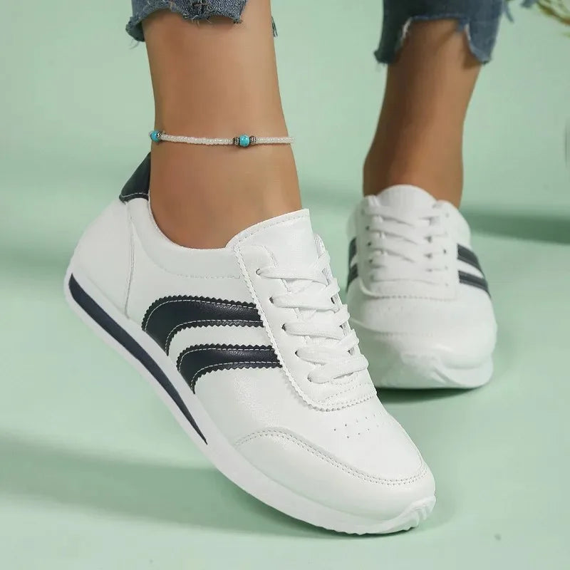 Ladies' lace up casual sports shoes with soft sole running shoes, blue stripe design, comfortable, non slip, lace up casual spor