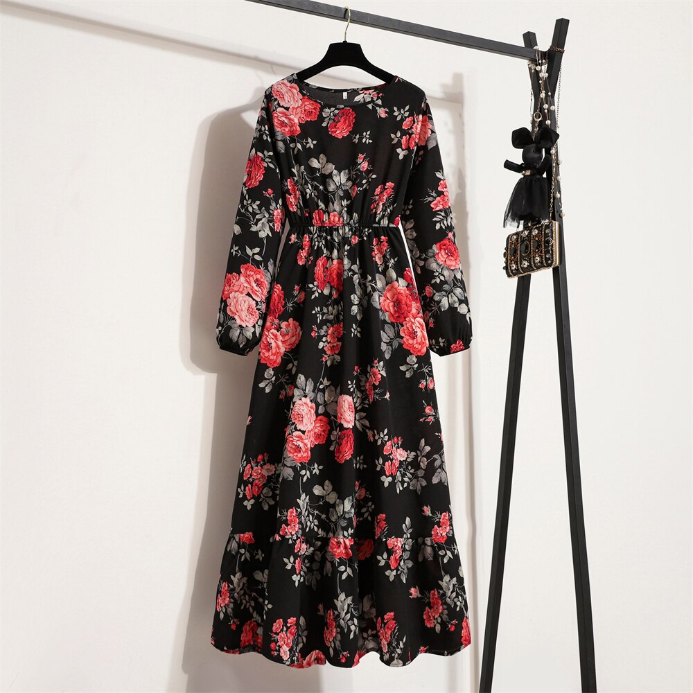 Spring Summer Women Maxi Dresses Casual Full Sleeve Floral Printed O-neck