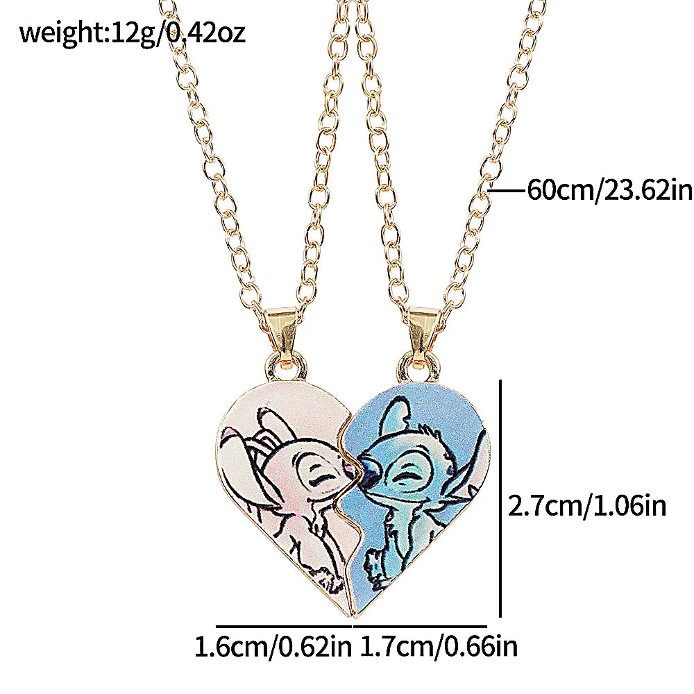 1pair Fashion Creative Disney Cartoon Stitch and Angie Heart Pendant Necklace for Women Jewellery