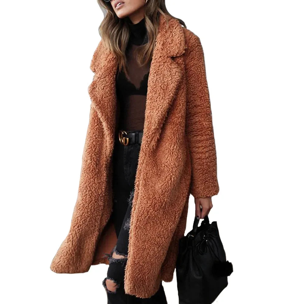 Popular autumn and winter long sleeved lapel women's plush top long jacket women's autumn and winter medium long plush jacket