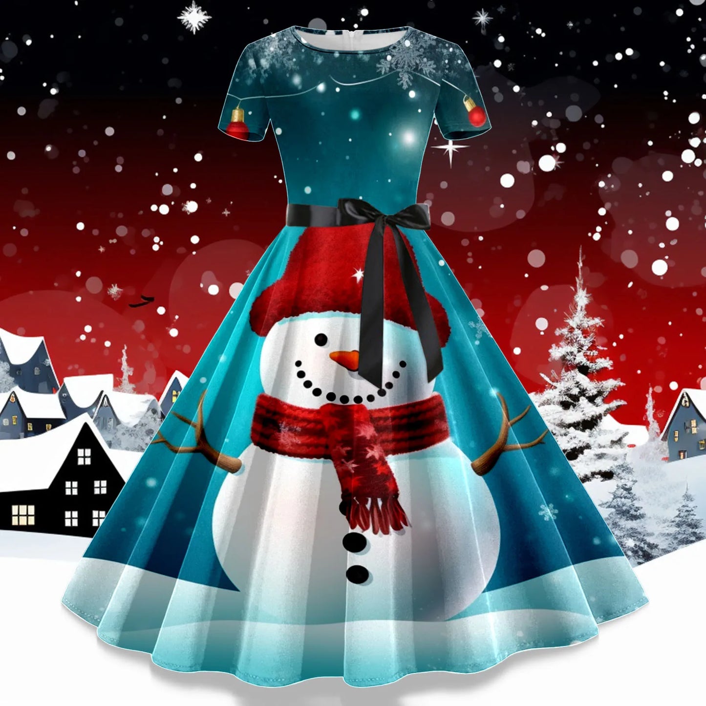 Women's Christmas Print Dresses Autumn Short Sleeve High Waist Lace Up Ruffles Dress Female Christmas Party Dress Vestidos