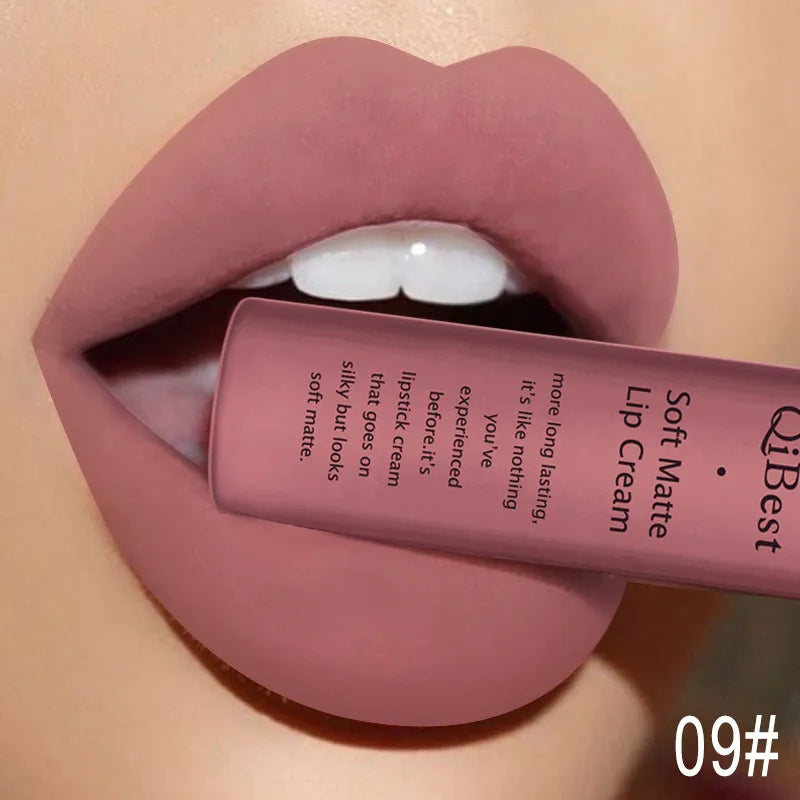 QIBEST Matte Liquid Lipstick Waterproof Lasting Velvet Lip Gloss Tint Tube Nude Pigment Red Black Purple Orange Lipstick Makeup
