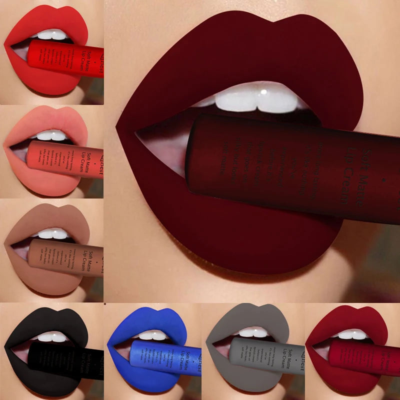 QIBEST Matte Liquid Lipstick Waterproof Lasting Velvet Lip Gloss Tint Tube Nude Pigment Red Black Purple Orange Lipstick Makeup