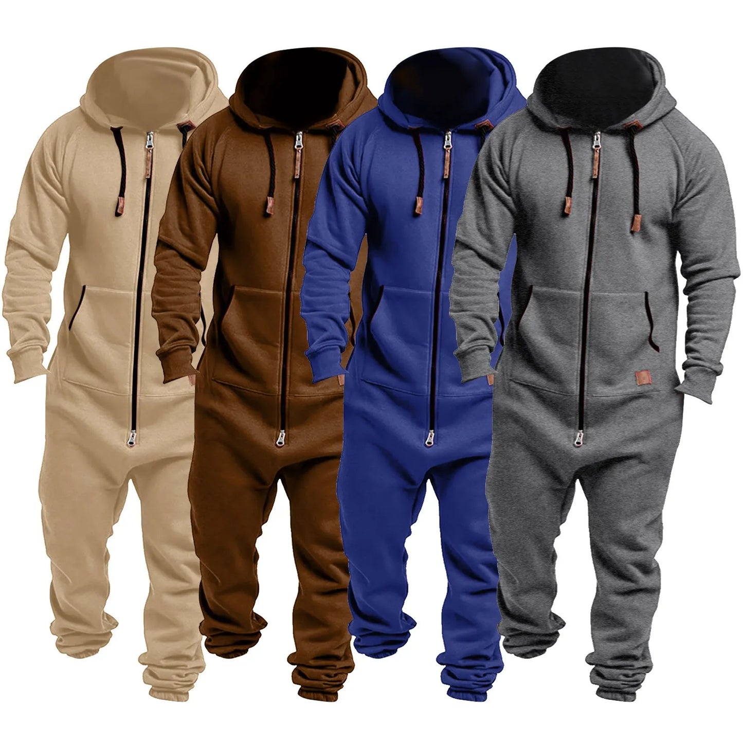 Mens Onesie Jumpsuit Pajamas Long Sleeve Sweatpants Pure Color Splicing Autumn Winter Casual Hoodie Male Zipper Jumpsuit Workout