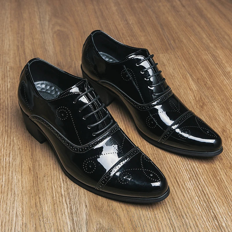 New Dress Leather Shoes Men High Heel Pointed Toe Brogue Wedding Shoes Height Increase Formal Career Work Jazz Dance Shoes