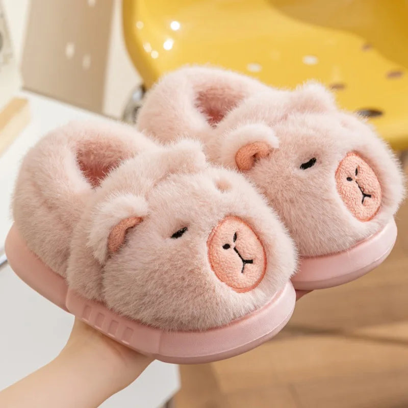 Capybara Cartoon Fluffy Slippers Children Indoor Soft Bottom Mother-Child Cotton Slippers Anti Slip Winter Warm Plush Slides 45