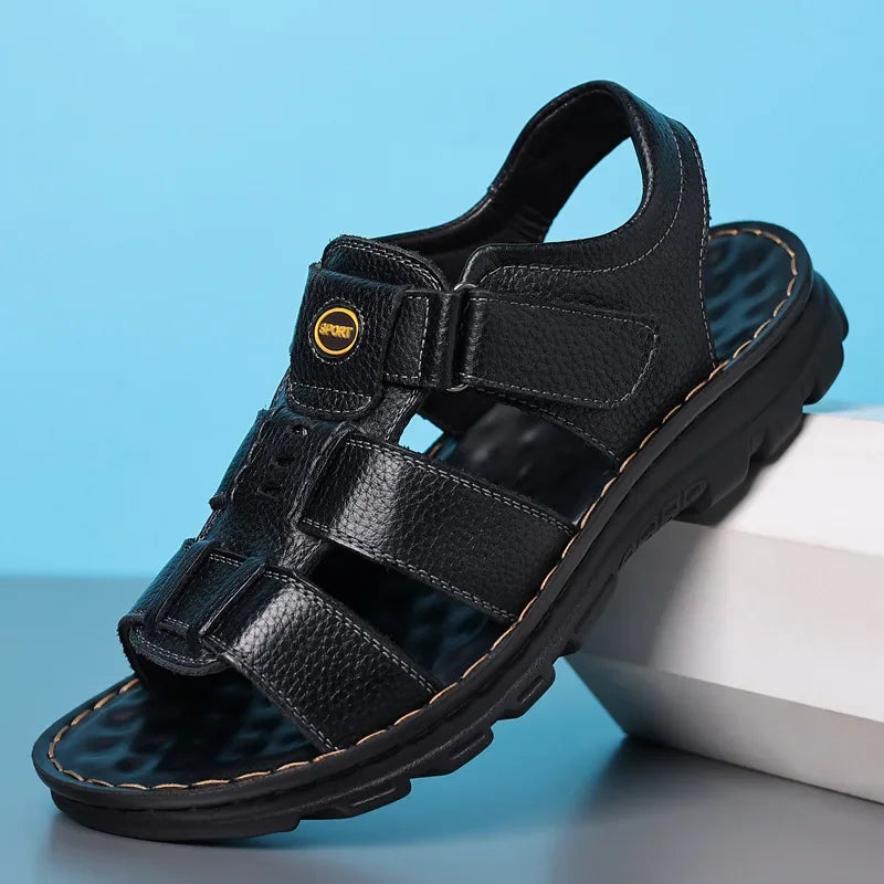 Men's Summer Genuine Leather Sandals 2024 New Style Beach Shoes Non-Slip Driving Outerwear PVC Material Chinese Made