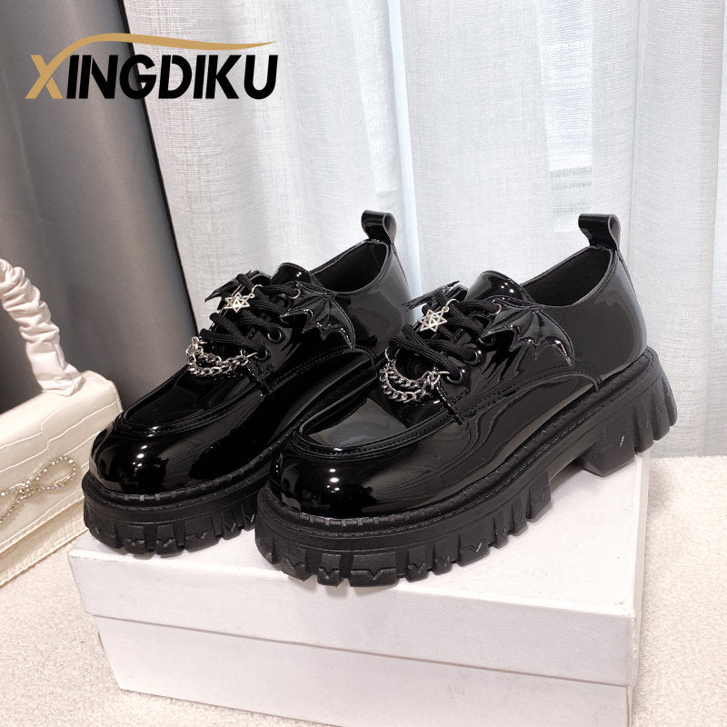 Autumn New Devil Bat Wings Gothic Women's Shoes Thick Bottom Waterproof Platform Metal Chain