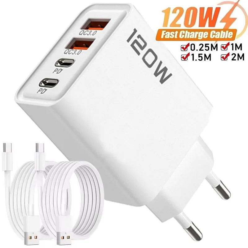 120W 4 Port USB Type C Charger Fast Charging Data Cable USB Phone Charger Adapter for Samsung IPhone Xiaomi Huawei Wall Charger