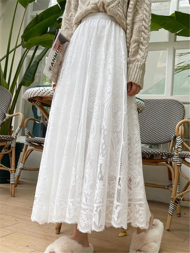 Women's Lace Crochet Umbrella Long Skirts Bohemian High Waist Hollow Out Female Maxi Skirts Spring Summer