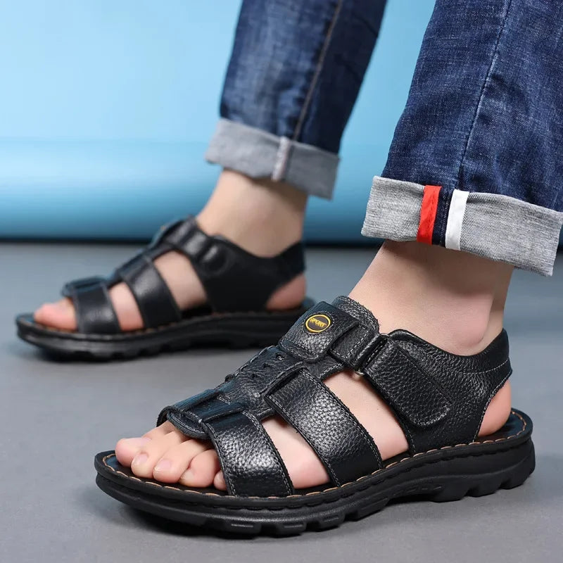 Men's Summer Genuine Leather Sandals 2024 New Style Beach Shoes Non-Slip Driving Outerwear PVC Material Chinese Made