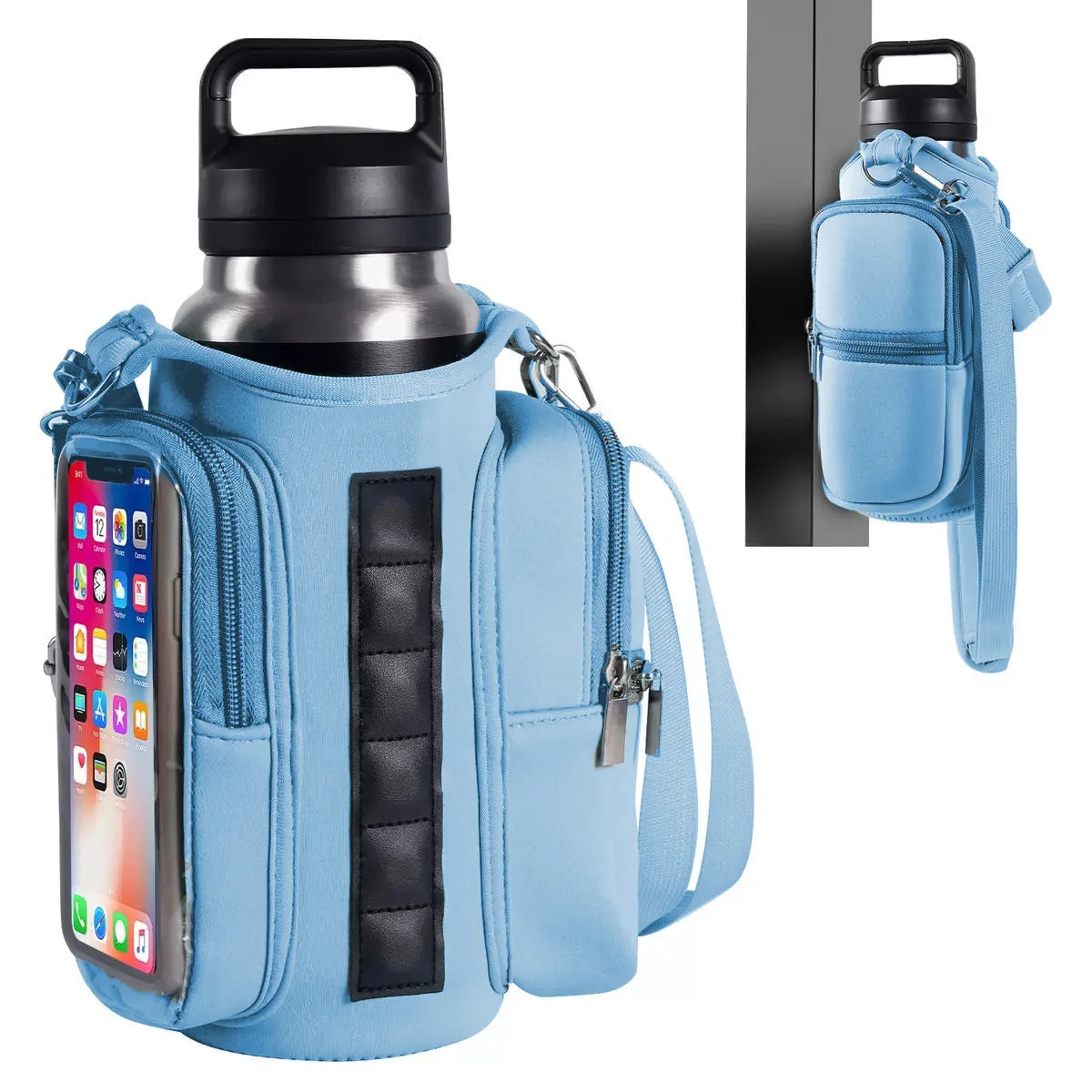 Magnetic Gym Bag Water Bottle Carrier Holder with Phone Pockets & Shoulder Strap,5 Built-in Magnets Gym Bottle Pouch Sleeve