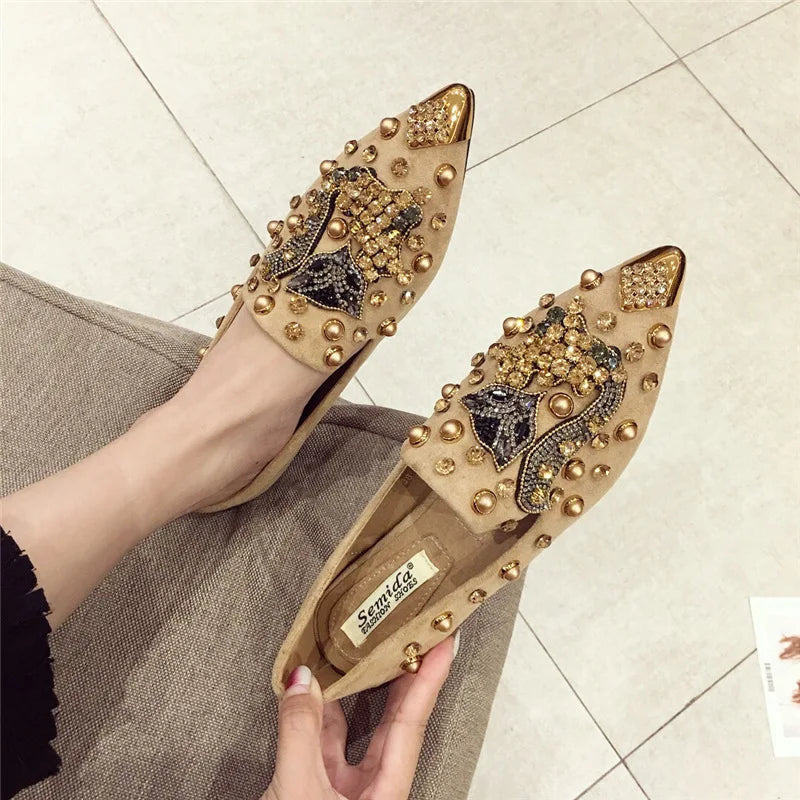 2024 Shoes for Women Flat Shoes Luxury Crystal Fox Casual Shoes Comfortable Fashion Pointed Toe Slip-on Loafers