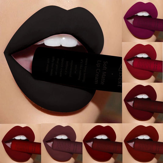 QIBEST Matte Liquid Lipstick Waterproof Lasting Velvet Lip Gloss Tint Tube Nude Pigment Red Black Purple Orange Lipstick Makeup