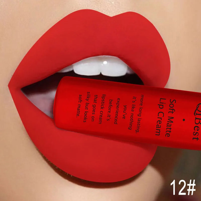 QIBEST Matte Liquid Lipstick Waterproof Lasting Velvet Lip Gloss Tint Tube Nude Pigment Red Black Purple Orange Lipstick Makeup