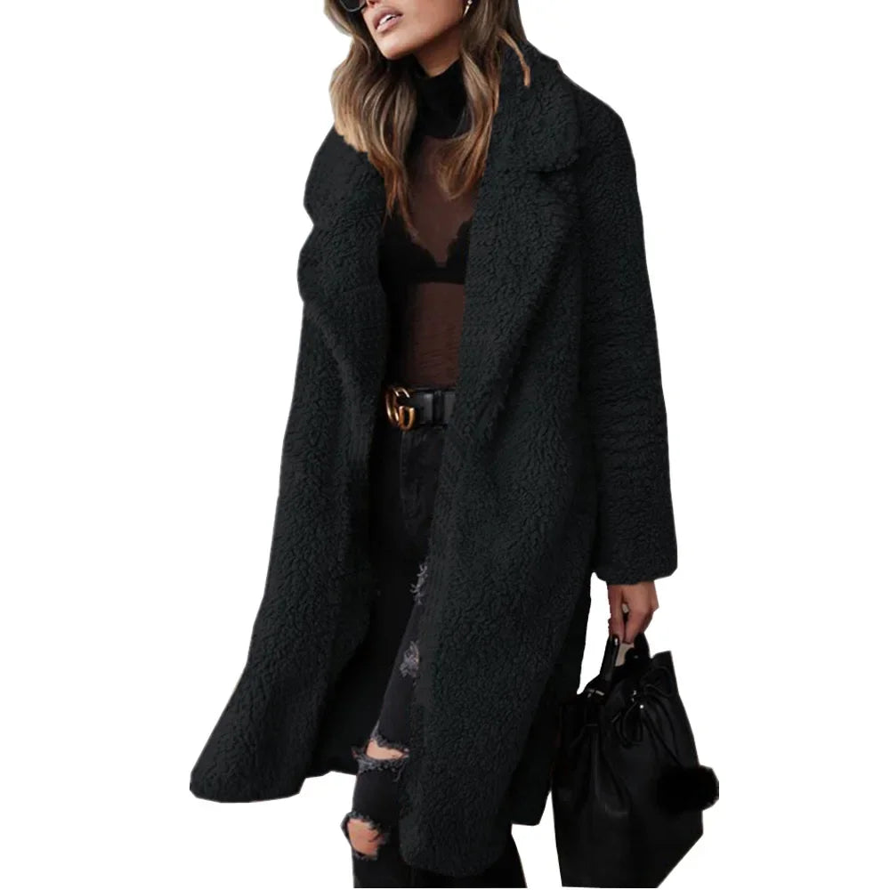 Popular autumn and winter long sleeved lapel women's plush top long jacket women's autumn and winter medium long plush jacket