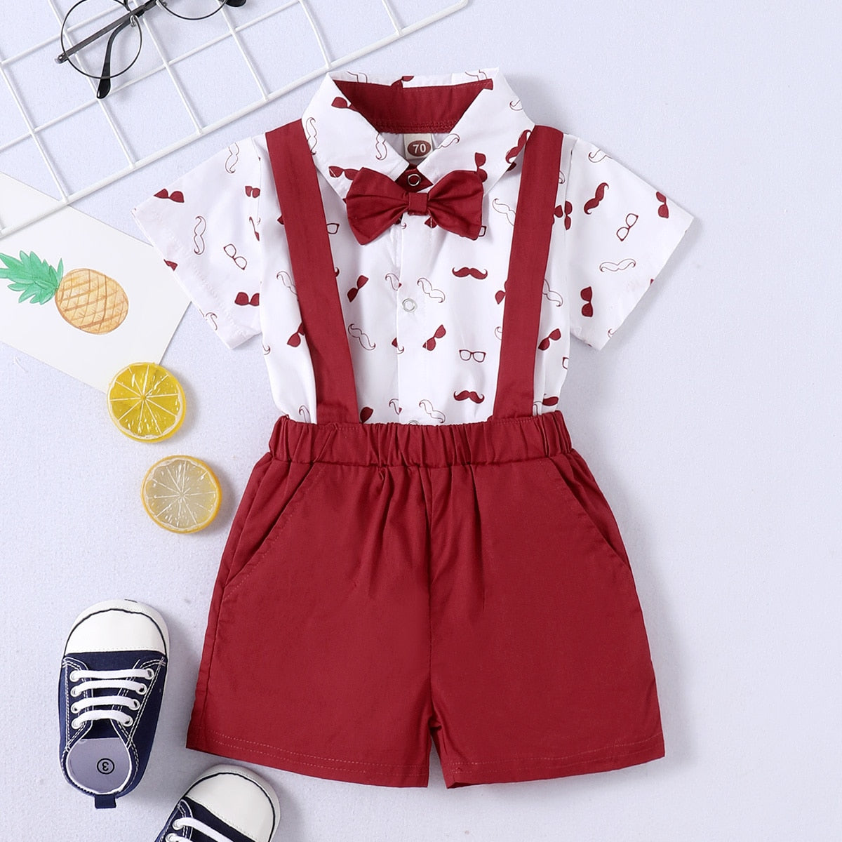 0-24 Months Baby Boys Costumes Short Sleeve Bodysuit with Bow + Suspender Pants