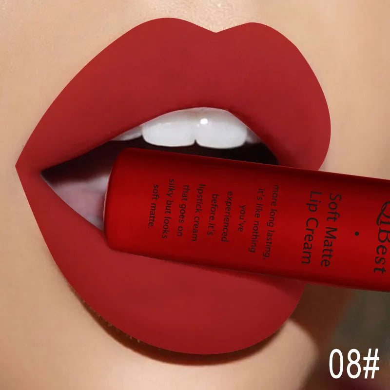QIBEST Matte Liquid Lipstick Waterproof Lasting Velvet Lip Gloss Tint Tube Nude Pigment Red Black Purple Orange Lipstick Makeup