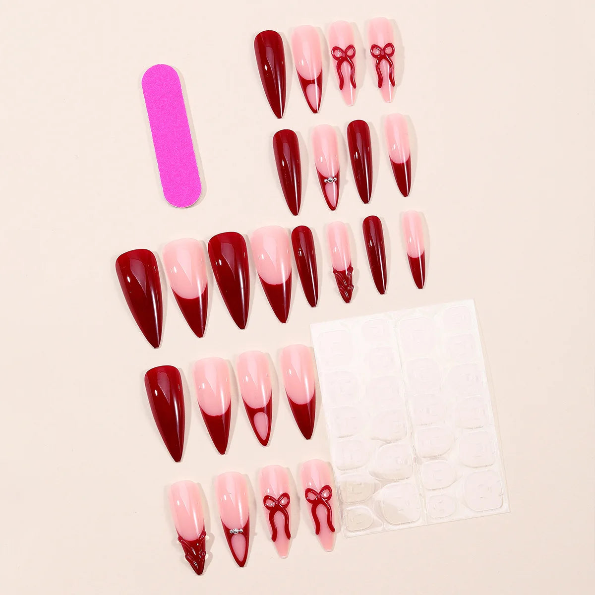 3D Long waterdrop fake nails for women girls embossed Bow gradient blue yellow pink new year red press on false nail art