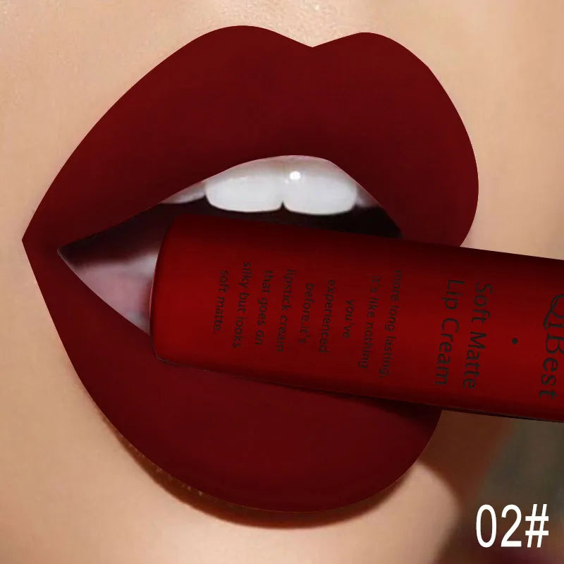 QIBEST Matte Liquid Lipstick Waterproof Lasting Velvet Lip Gloss Tint Tube Nude Pigment Red Black Purple Orange Lipstick Makeup