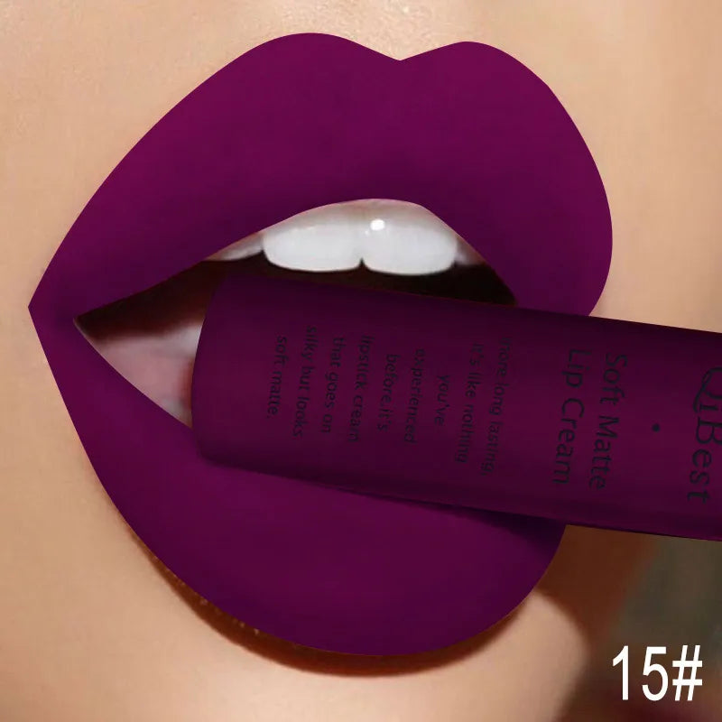 QIBEST Matte Liquid Lipstick Waterproof Lasting Velvet Lip Gloss Tint Tube Nude Pigment Red Black Purple Orange Lipstick Makeup