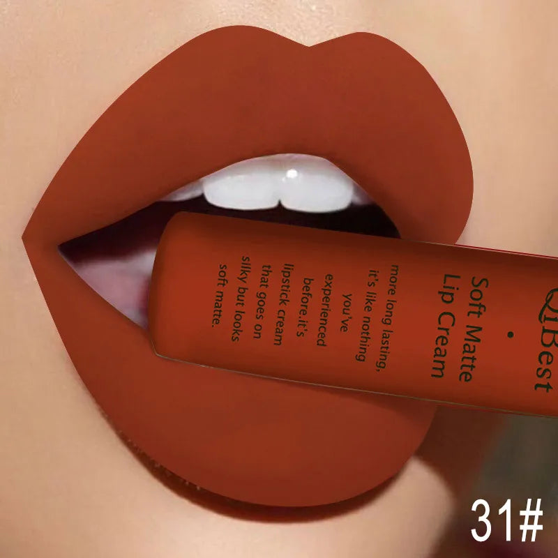 QIBEST Matte Liquid Lipstick Waterproof Lasting Velvet Lip Gloss Tint Tube Nude Pigment Red Black Purple Orange Lipstick Makeup