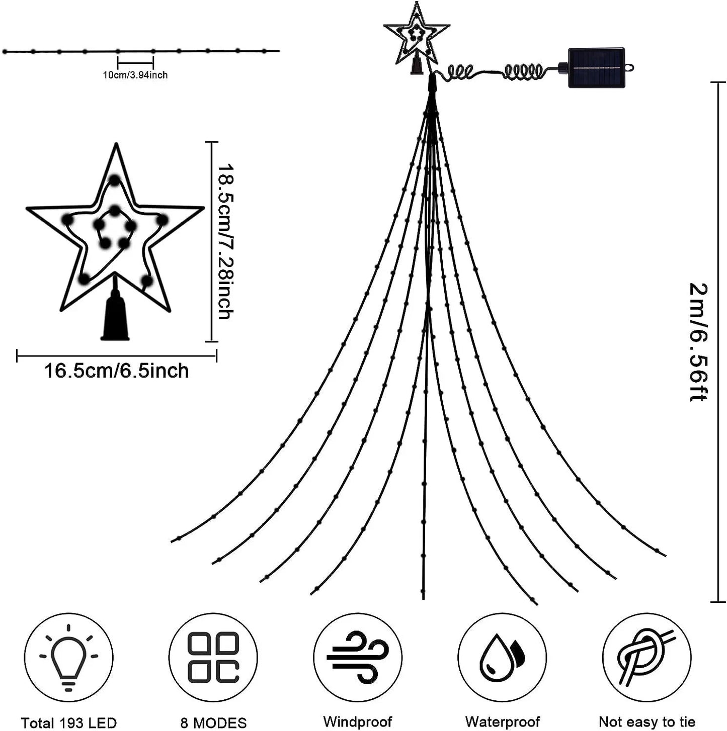 Solar Outdoor String Lights,280 LED Star Fairy Lights 9 Strands 9.8ft Waterfall Tree Lights 8 Modes Waterproof For Garden Decor