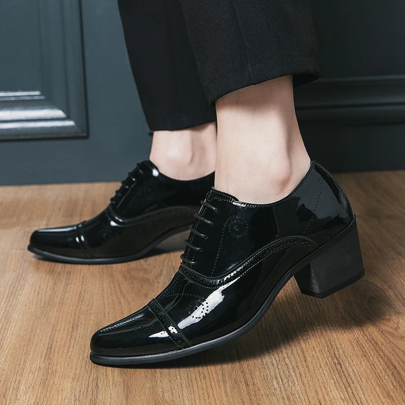 New Dress Leather Shoes Men High Heel Pointed Toe Brogue Wedding Shoes Height Increase Formal Career Work Jazz Dance Shoes
