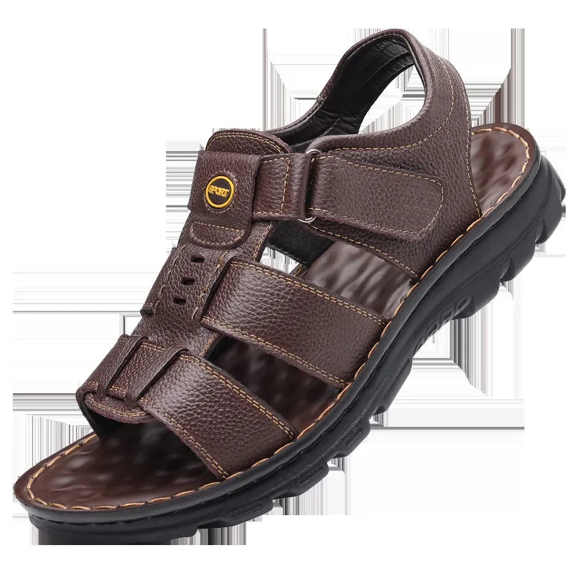 Men's Summer Genuine Leather Sandals 2024 New Style Beach Shoes Non-Slip Driving Outerwear PVC Material Chinese Made