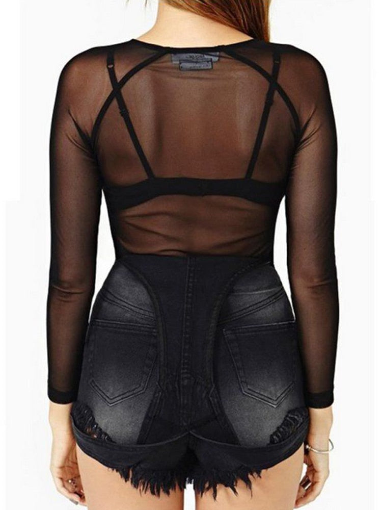 Spring Summer Women's Long Sleeve Sexy Black Mesh Top Blouses