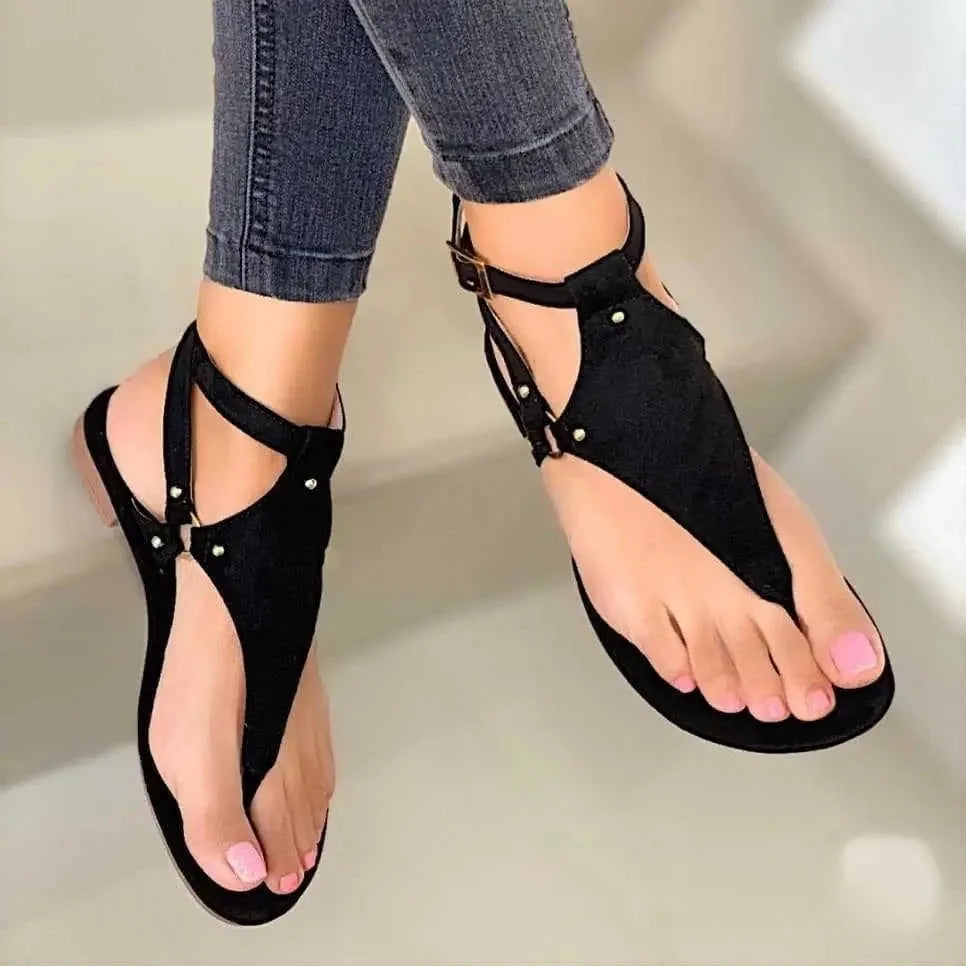 Summer Casual Large Size Flat Bottom Sandals Women's Beach Shoes Buckle Slip-On Roman Style Thong Shoes Metal Decorated