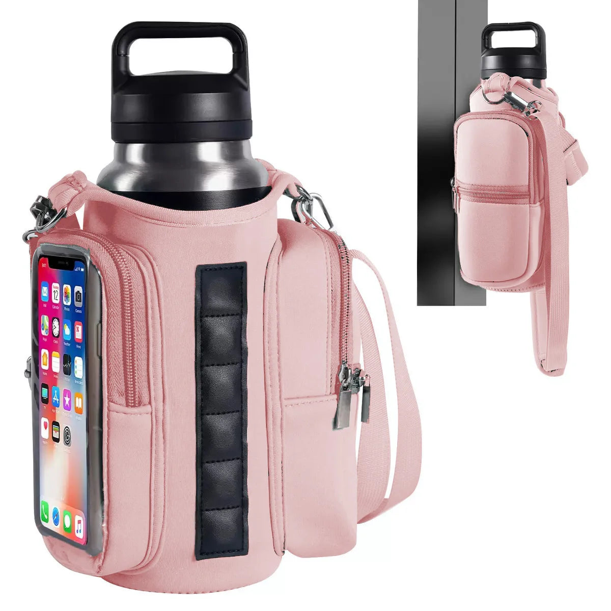 Magnetic Gym Bag Water Bottle Carrier Holder with Phone Pockets & Shoulder Strap,5 Built-in Magnets Gym Bottle Pouch Sleeve