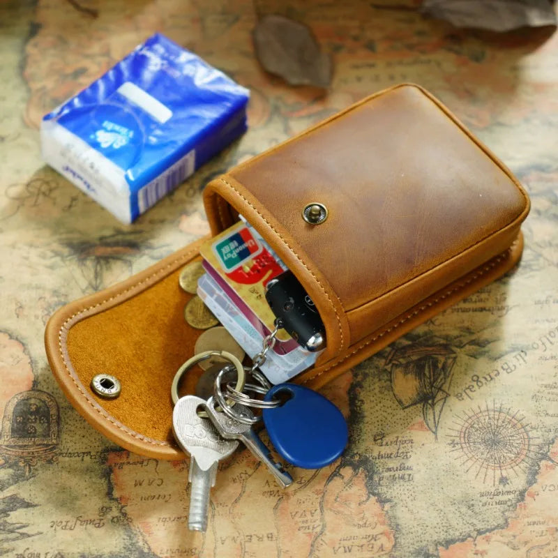 Genuine Leather Small Waist Bag Vintage Mini Wallet Men Women Card Cover Change Purse Key Organizer Housekeeper Cigarette Case