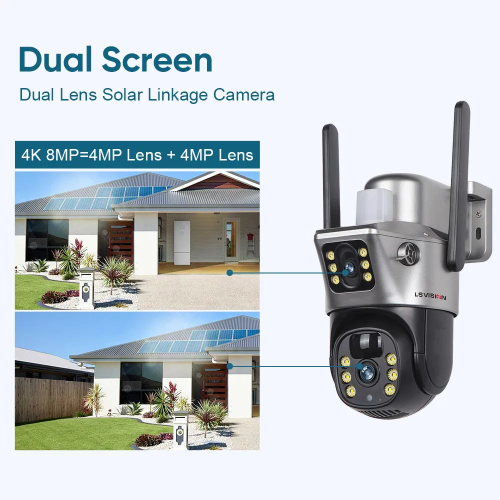 LS VISION 4K 8MP Dual Screen Solar Camera Outdoor Wireless 4G/WiFi PTZ Dual Lens Security Protection Auto Tracking CCTV Cameras